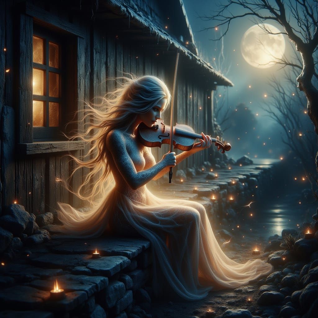 Enchanted Muse Plays Golden Violin Under Starry Night
