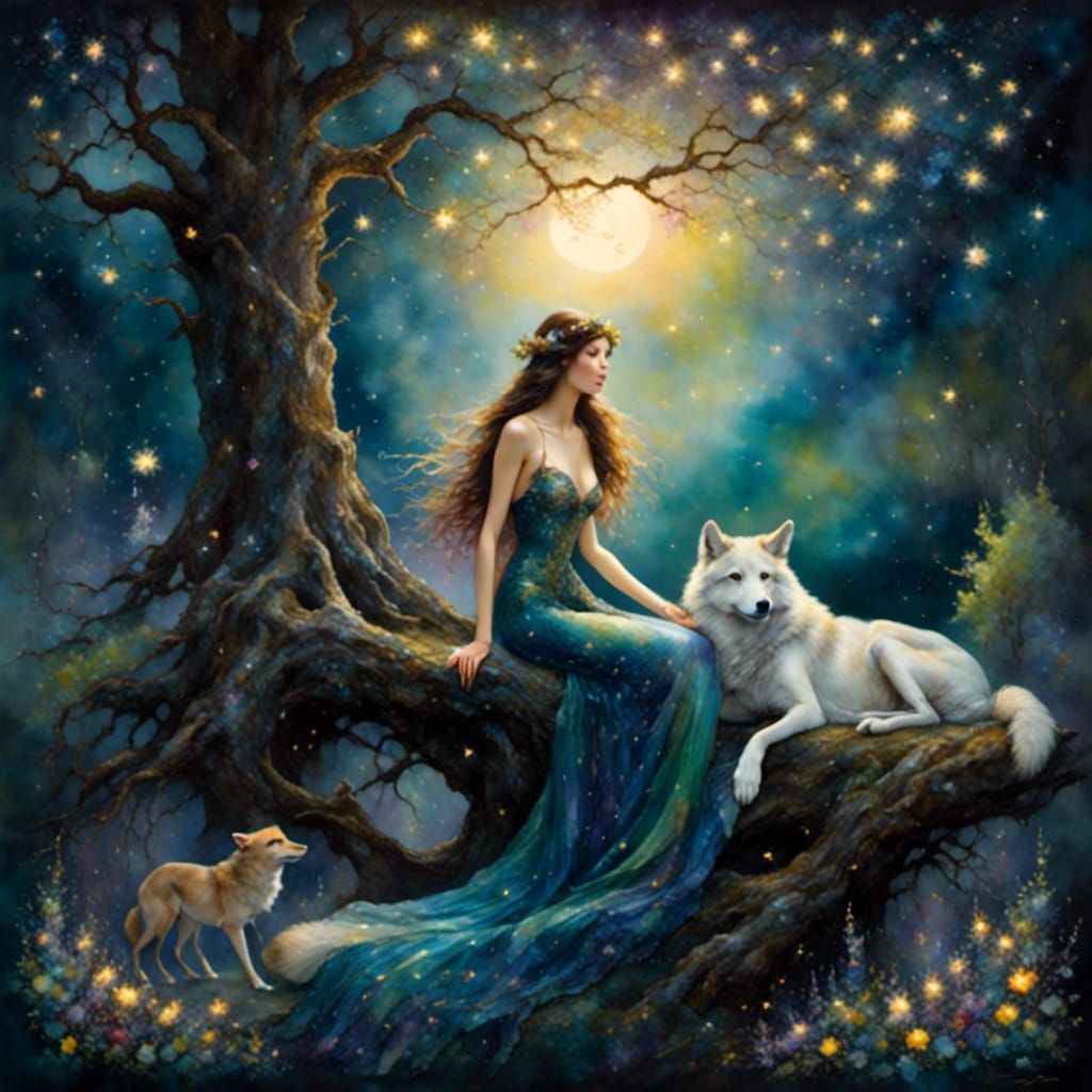 Enchanting Woodland Nymph with Wolf Companion