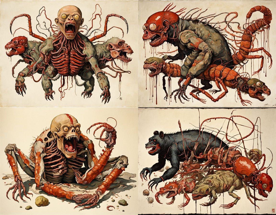 Surreal Egon Schiele-Inspired Ukiyo-E Horror Scene