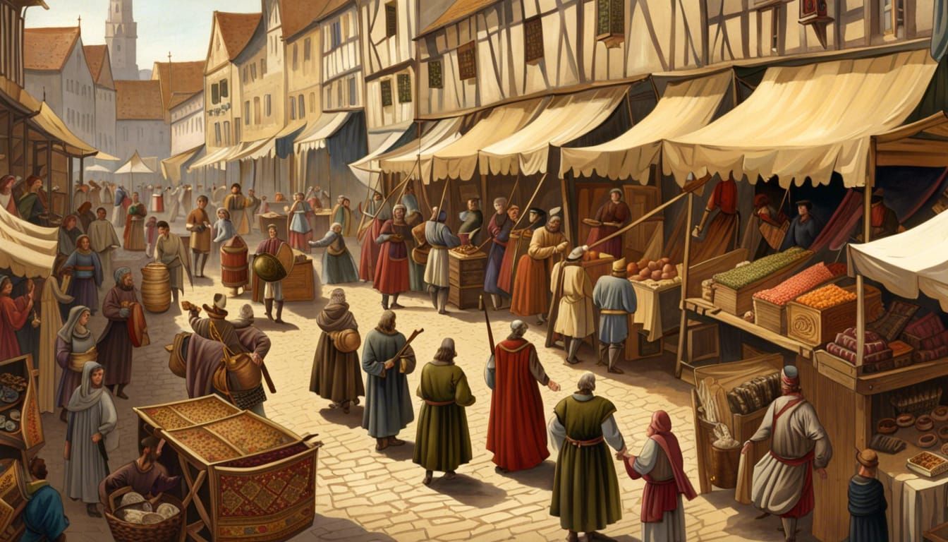 A fine day for a medieval street market in the middle ages