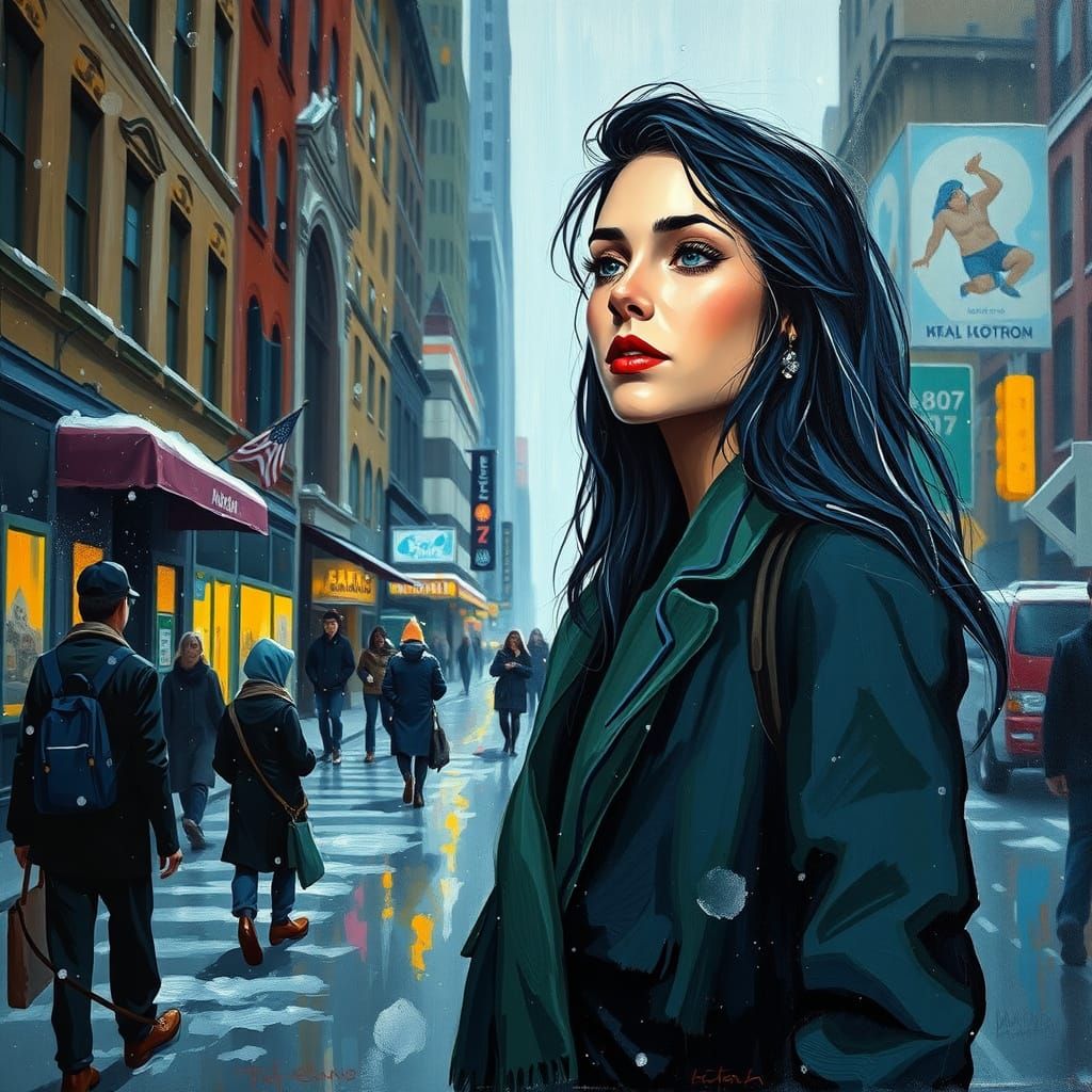 Woman Waking in Winter Manhattan Neo-Impressionist Oil Paint...