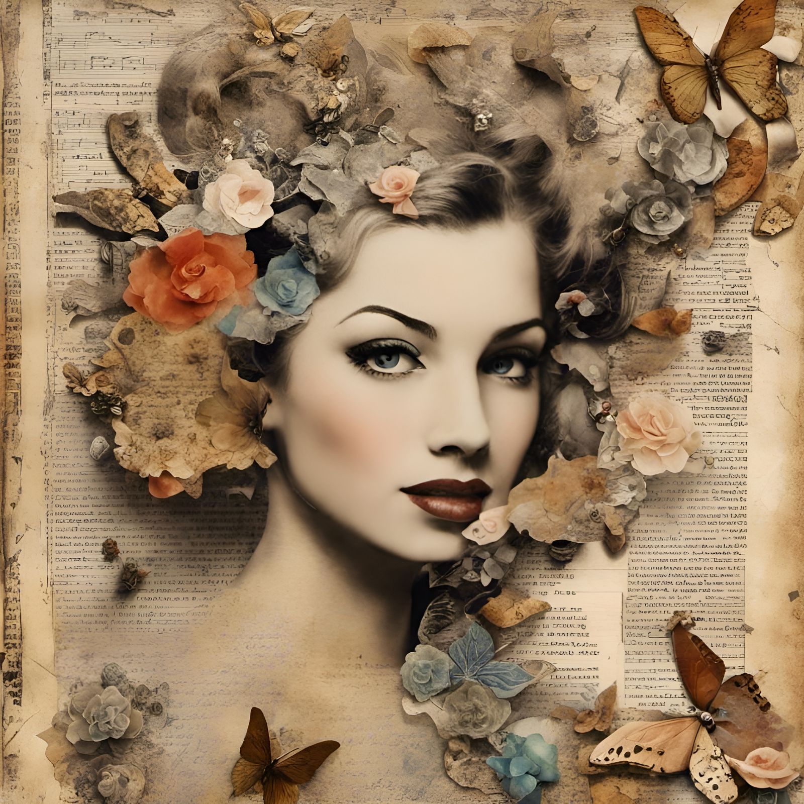 Retro Pinup Collage with Paper Moths and Crystals