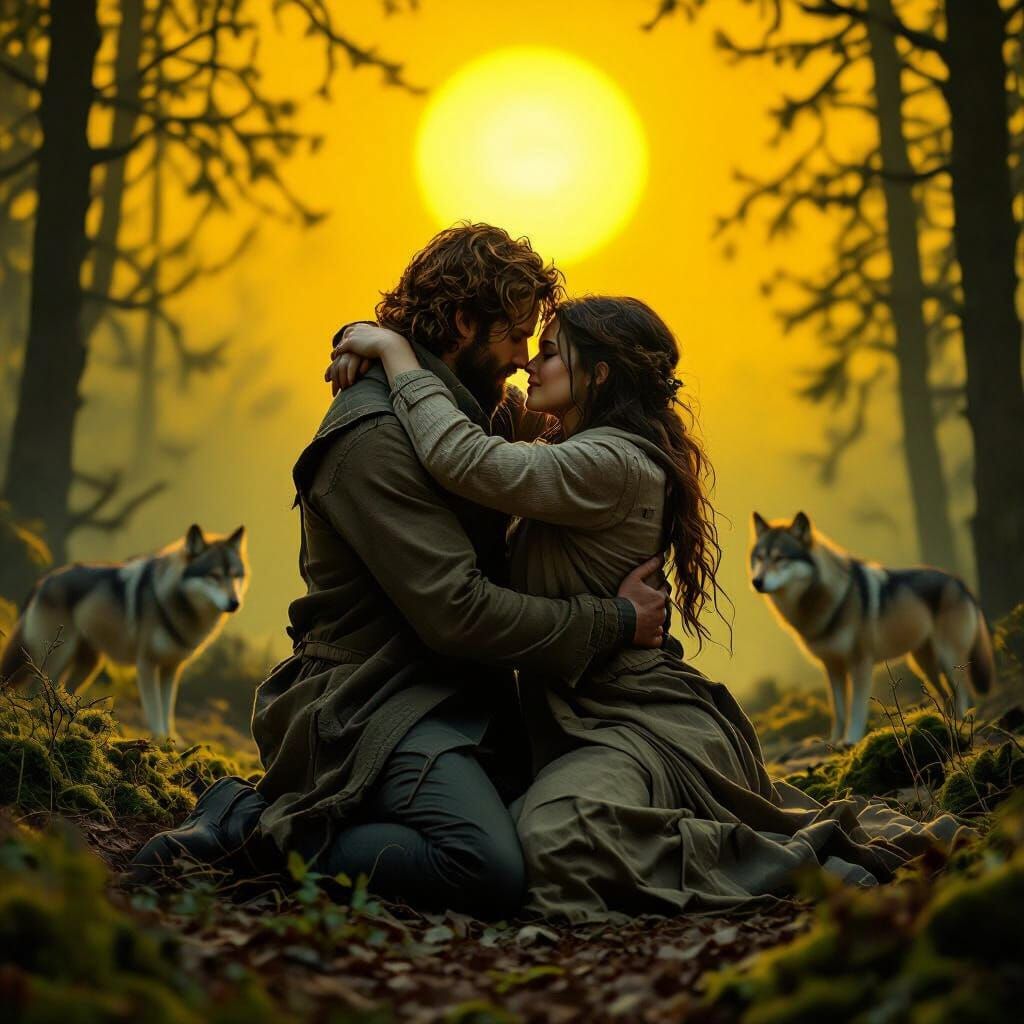 Passionate Embrace Under Yellow Sky with Green Sun