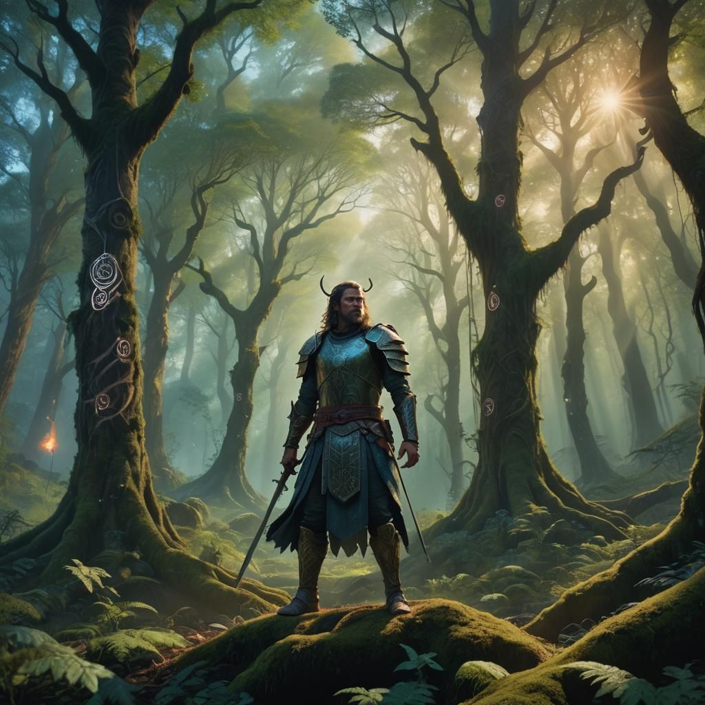 Mystical Warrior in Ancient Forest Concept Art