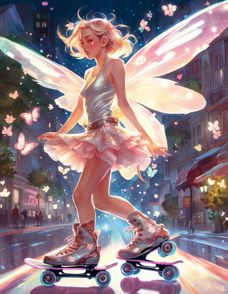 Fairy on Rollerblades in Magical Blooming Street