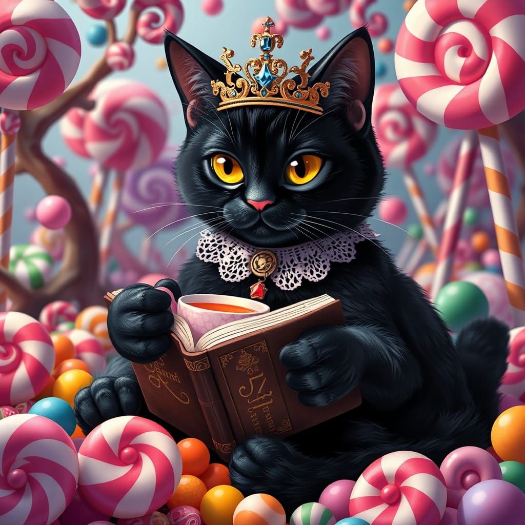 Majestic Cat Reads in Candyland: Digital Illustration