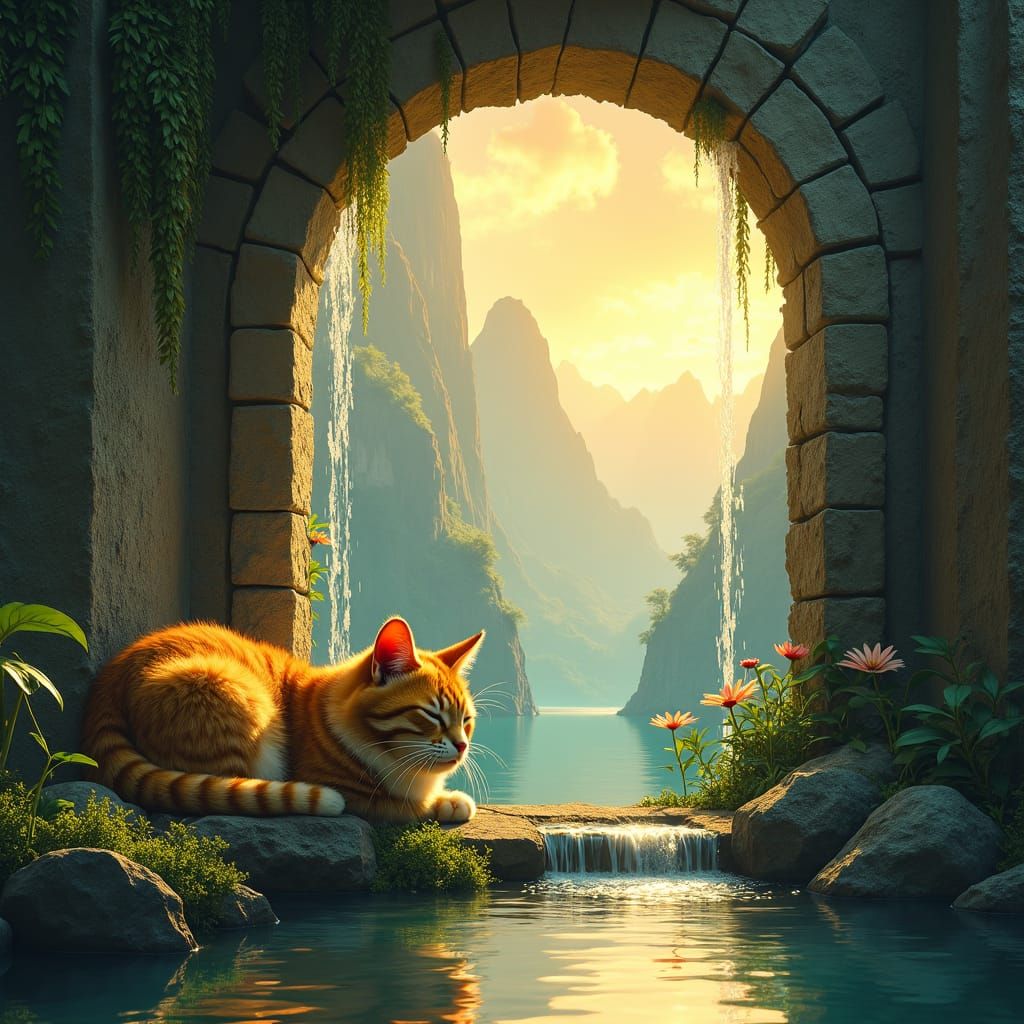 Cat on Mossy Doorway with Distant Landscape