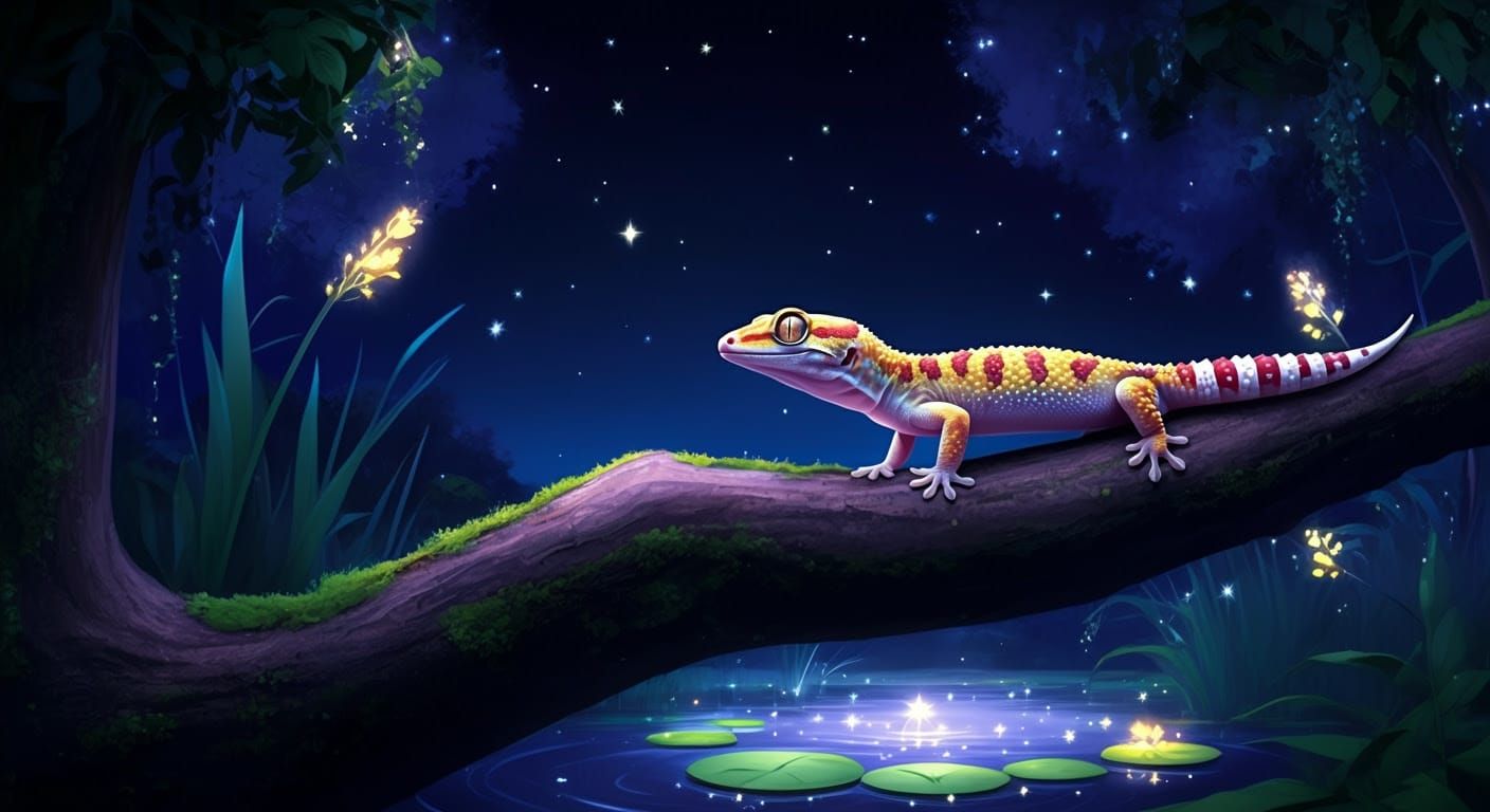 Whimsical Gecko Under Starry Night Sky