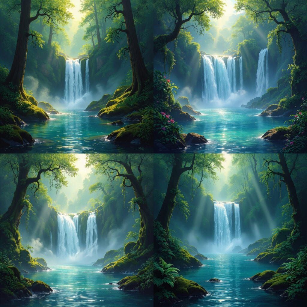 Waterfall in Forest Center with Swirling Mist