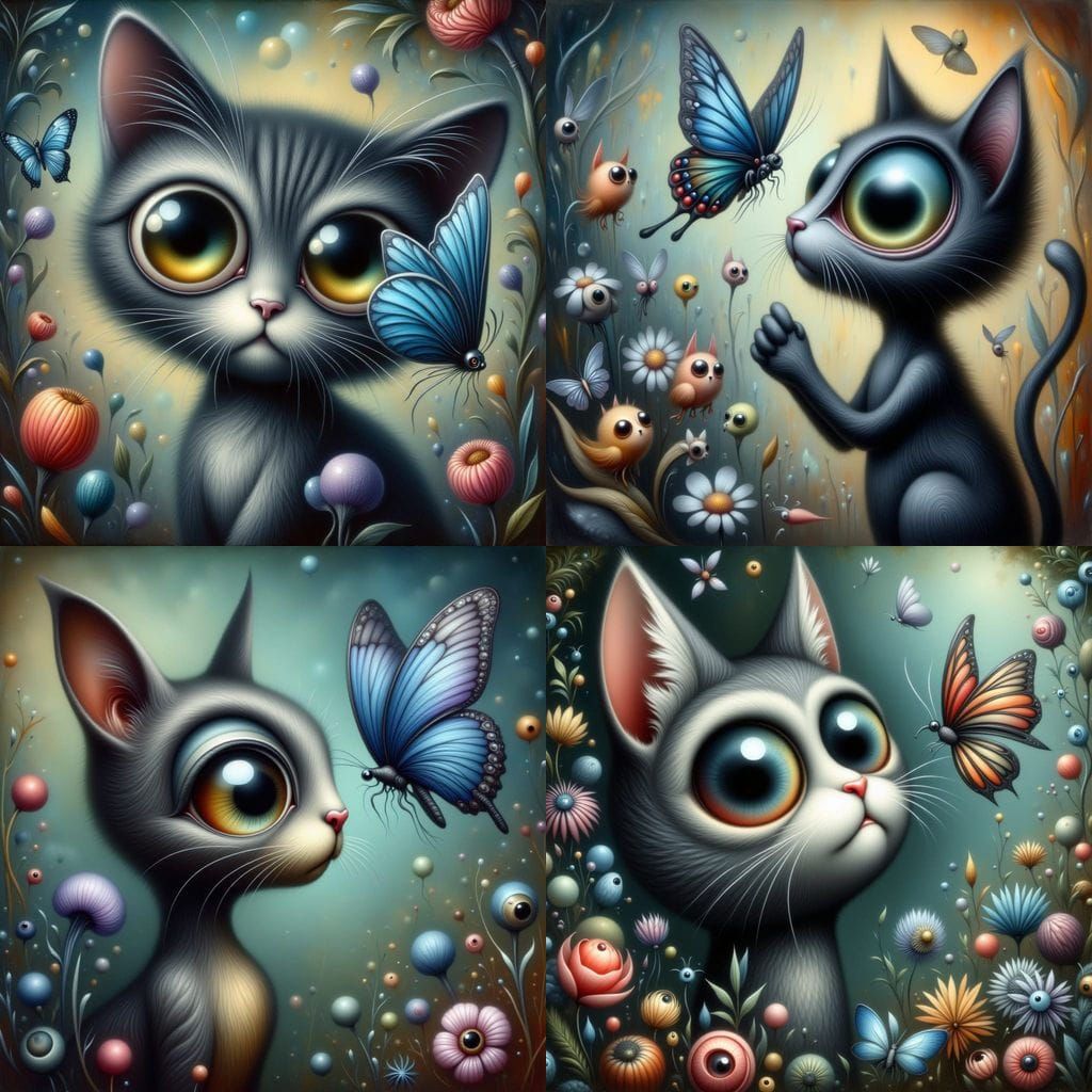 Whimsical Cat Chases Rainbow Butterfly in Edward Gorey and T...