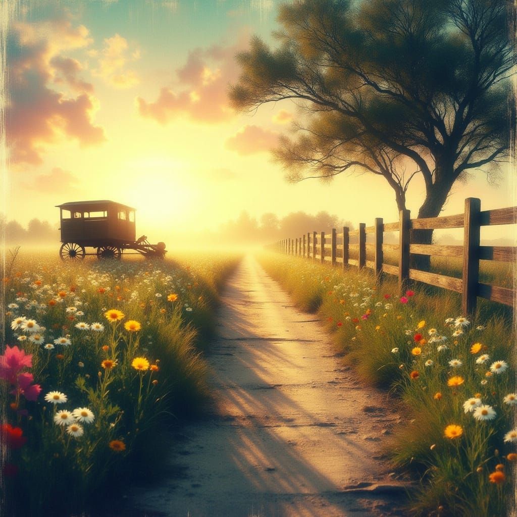 <lora:Strokes of Serenity:1.0> A sun-drenched country path, ...