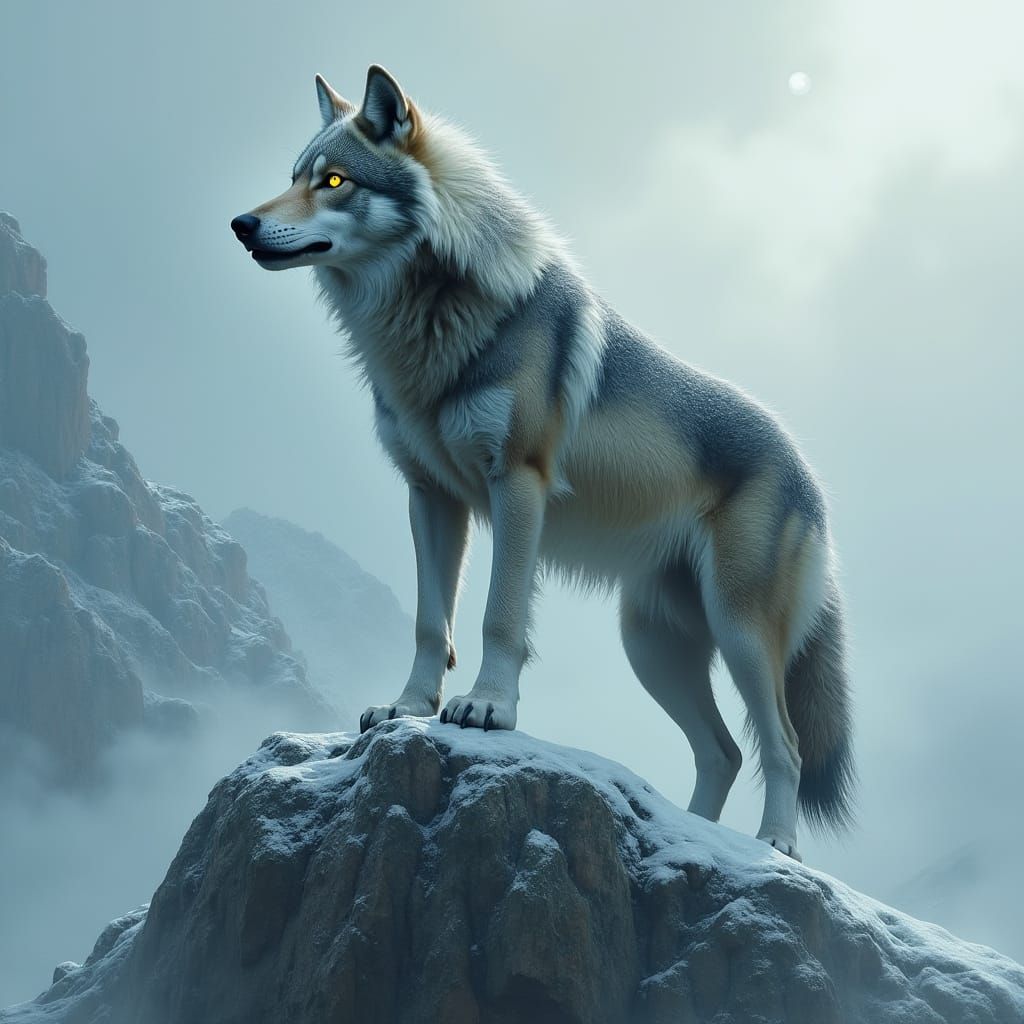 Majestic Wolf on Snowy Peak in Misty Fog
