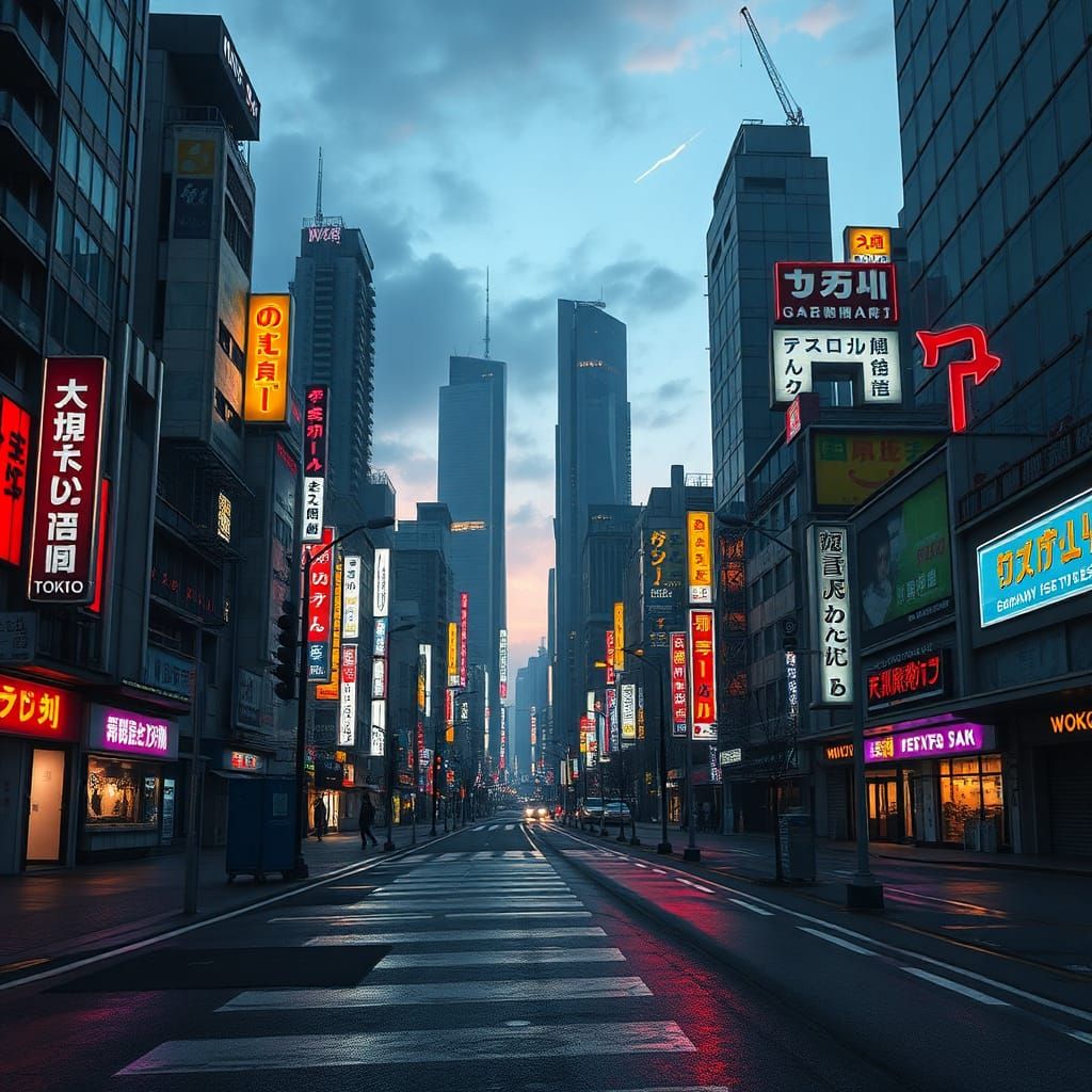 Dystopian Tokyo Cityscape at Dusk in Cyberpunk Style