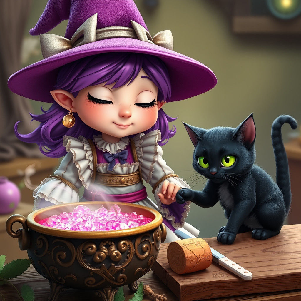 Whimsical Witch Girl Brews Sparkling Potion, Anime Style