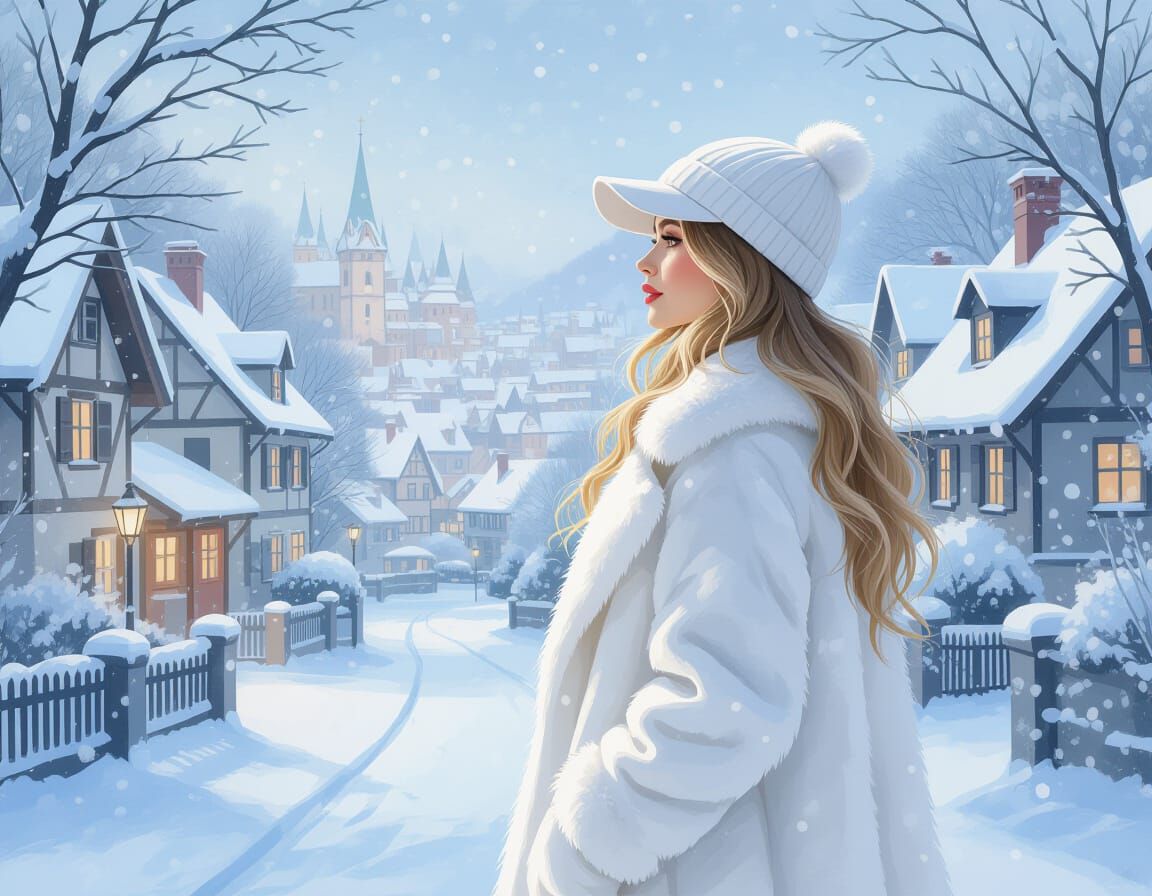 Blonde Girl in White Fur Admires Snowy Cityscape