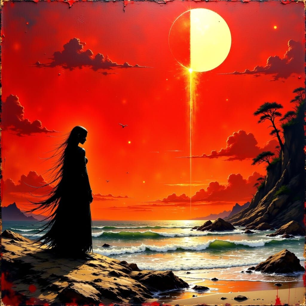 Lone Warrior in Crimson Light: An Impasto Painting