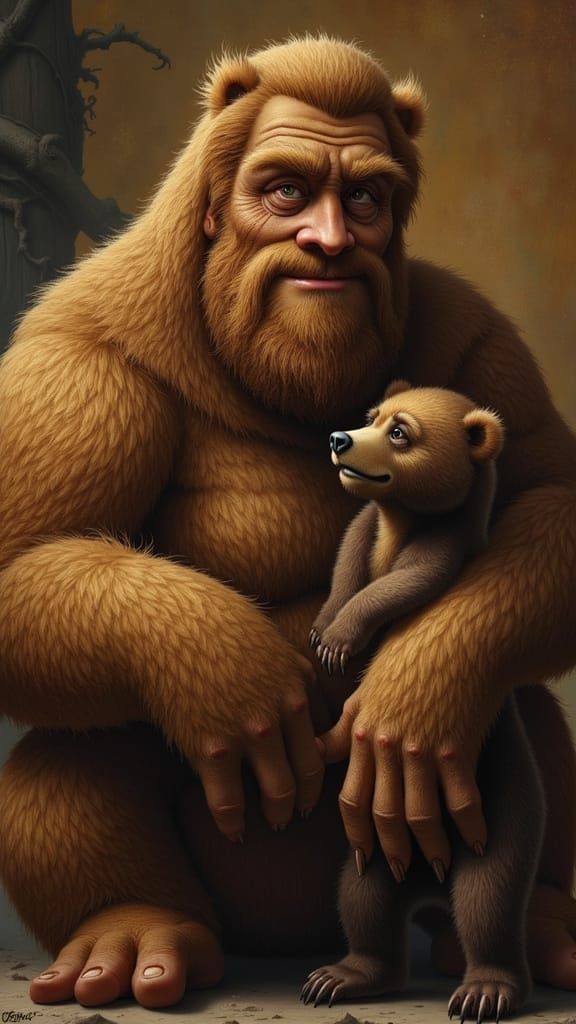 Gentle Giant and Cub in Textured Oil Painting