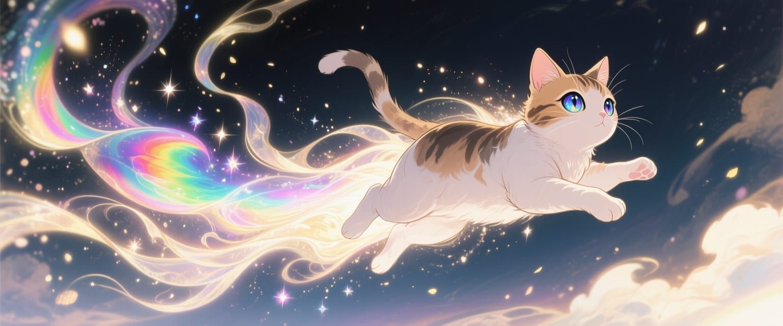 Flying Cat in Ukiyo-e Style with Chromatic Trails