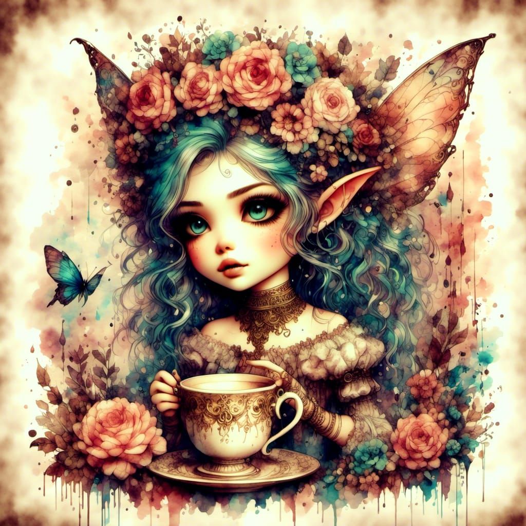 Chibi Fairy with Cappuccino in Antique Watercolor Style
