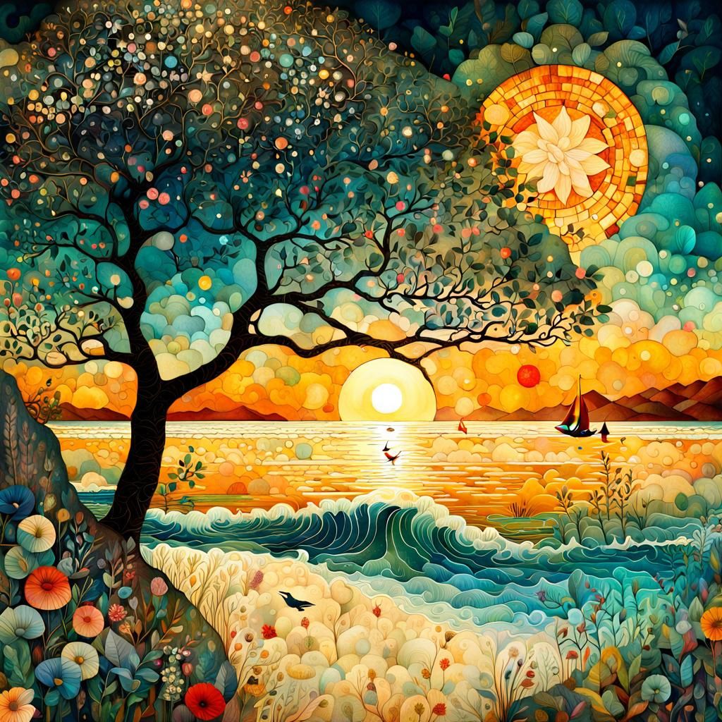 Whimsical Sunrise Beach Collage in Watercolor Style