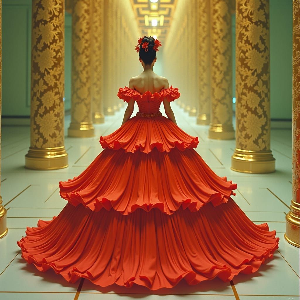 Japanese Queen in Lotus Gown, Oil Painting Style