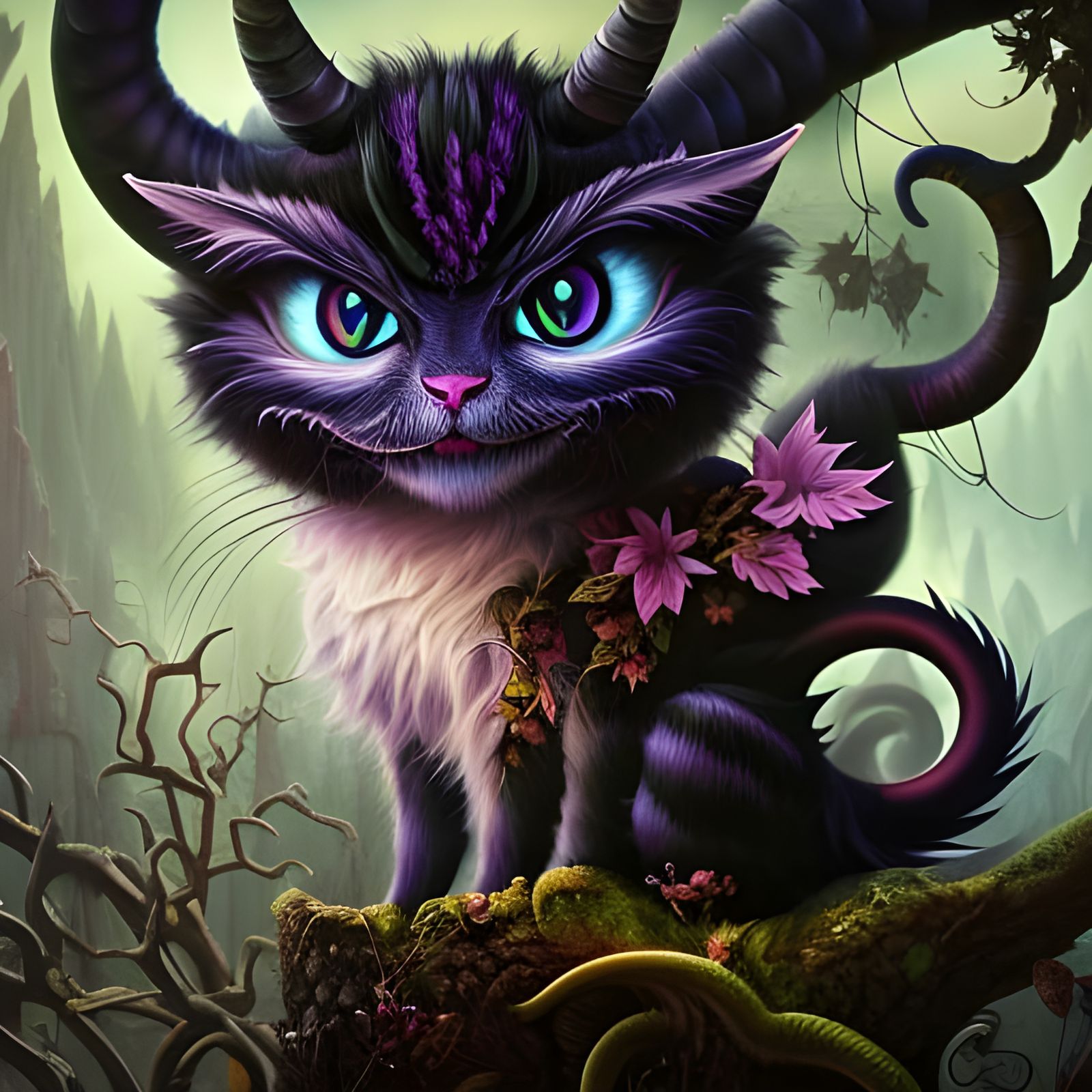 Demonic Cheshire Cat in Steampunk Forest
