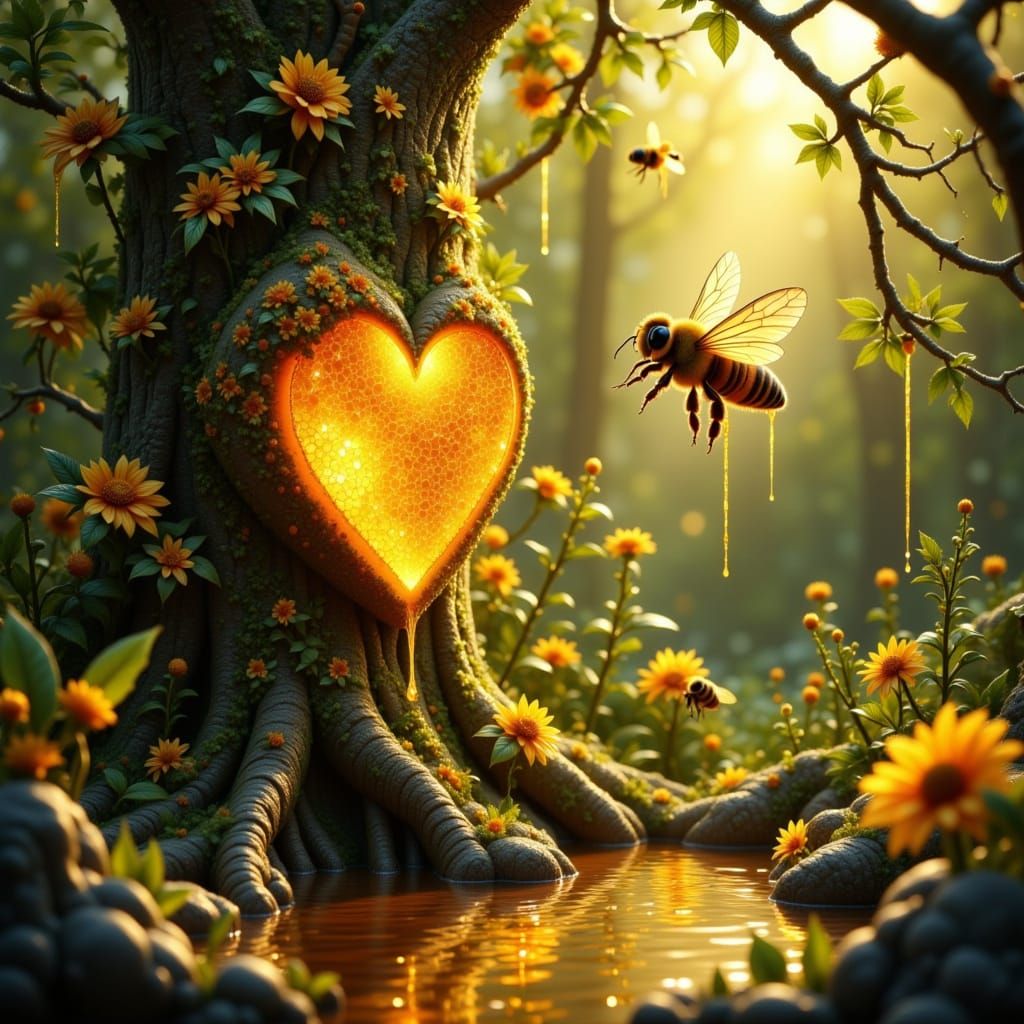 Two Honeybees Hovering Around Glowing Heart Honeycomb