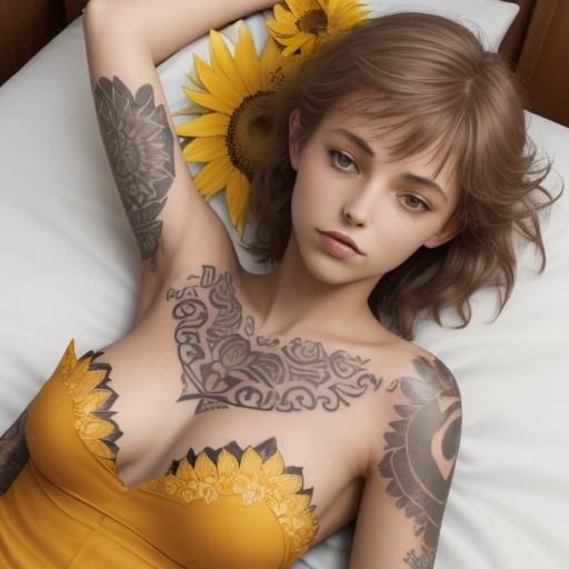 Tattooed Woman on Bed of Sunflowers