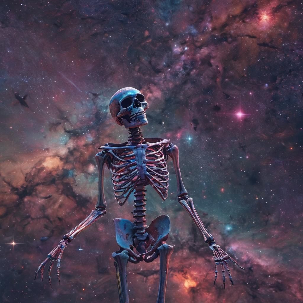 Skeleton in Space: A Surreal Cosmic Illustration