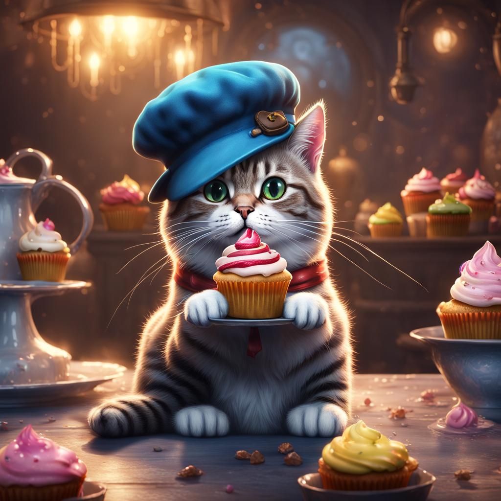 Tabby Cat Baker with Cupcake: Detailed Digital Art