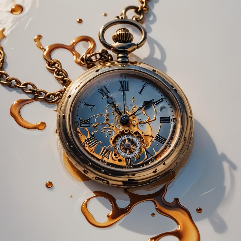 Surreal Melting Pocket Watch with Dreamlike Reflections