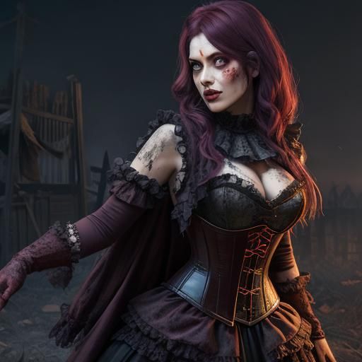 Zombie in Silk Corset in Haunted Pumpkin Patch