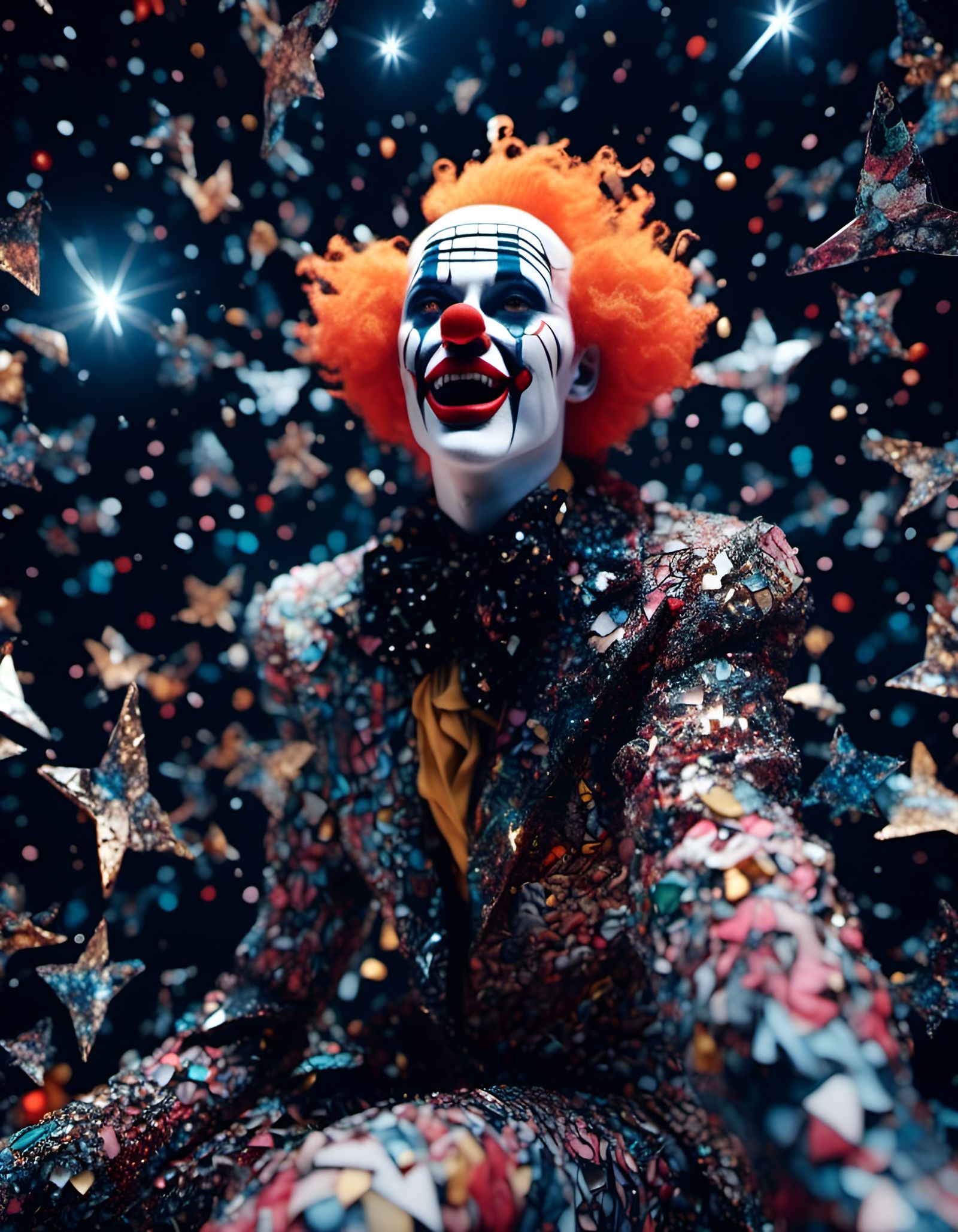 Clown Glides Among Stars in Shattered Glass Art