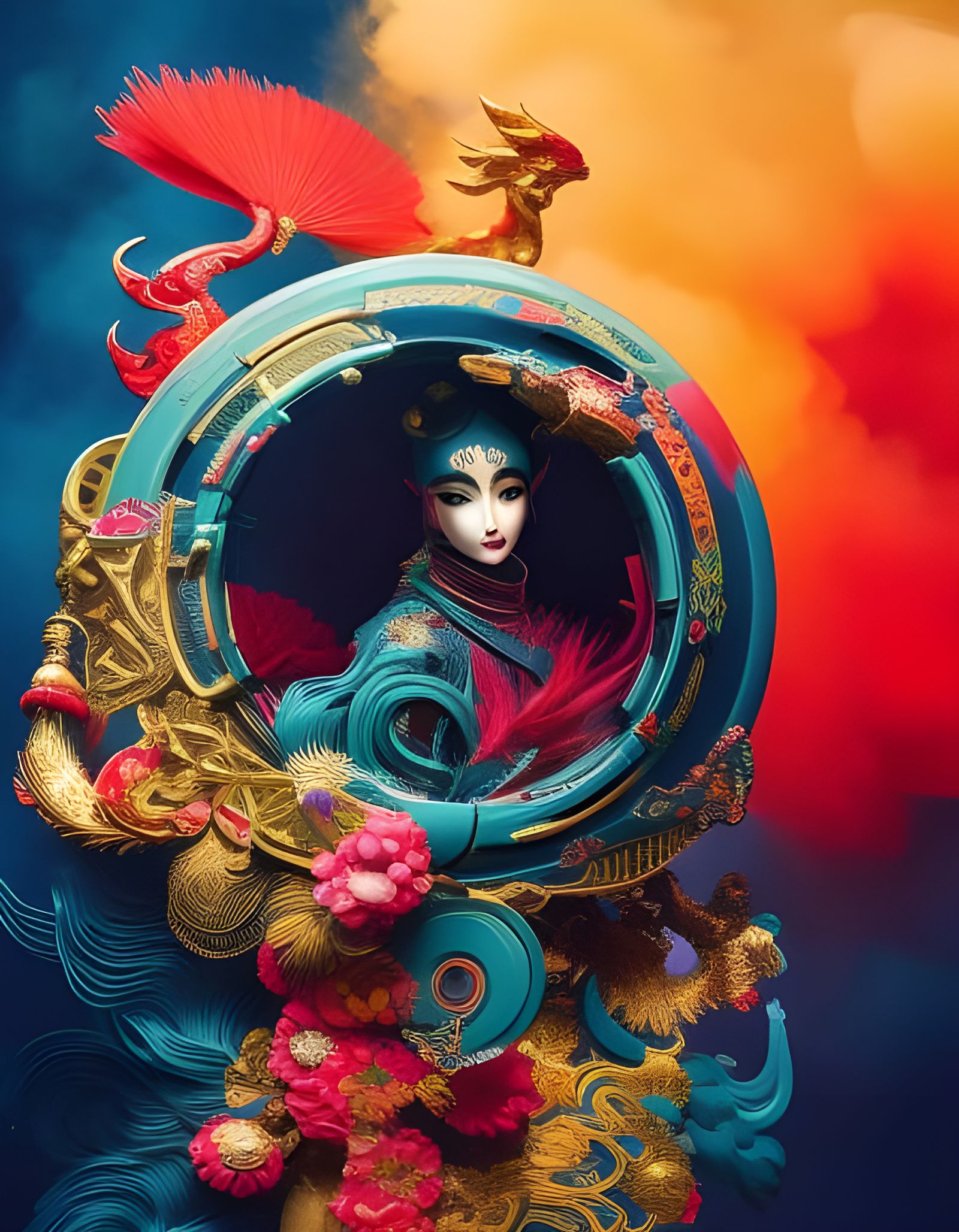 Futuristic Samurai Aries in Chinoiserie Style