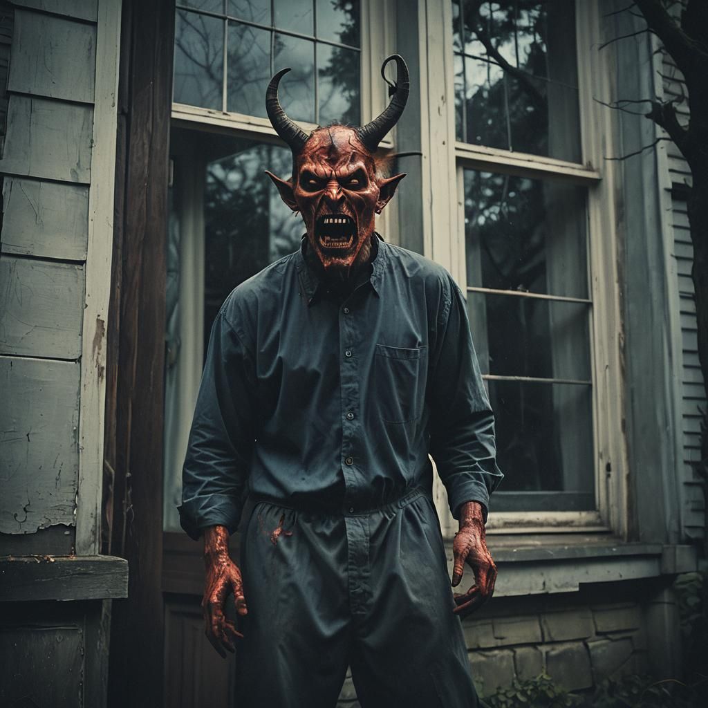 Cinematic Demon at Mansion Window in Stormy Night