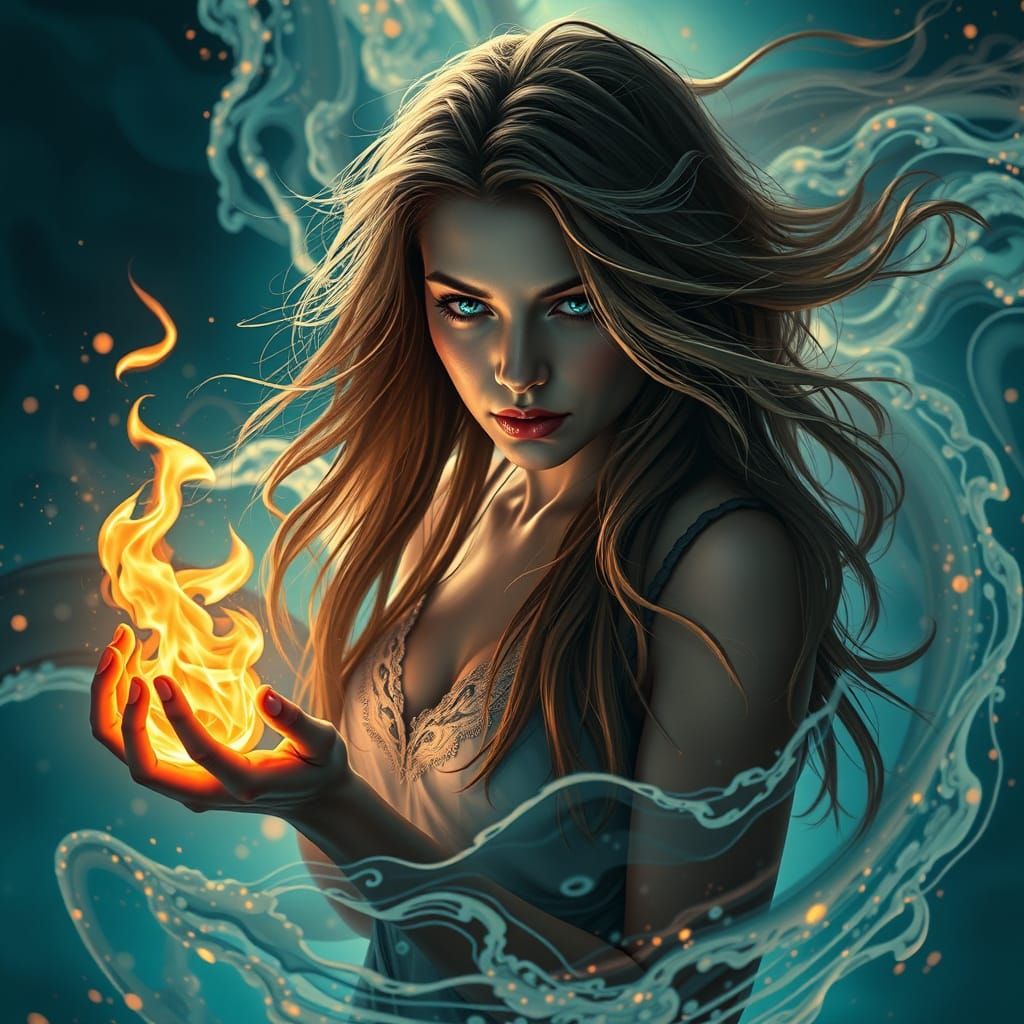 Abstract Ocean Currents with Woman Holding Candle