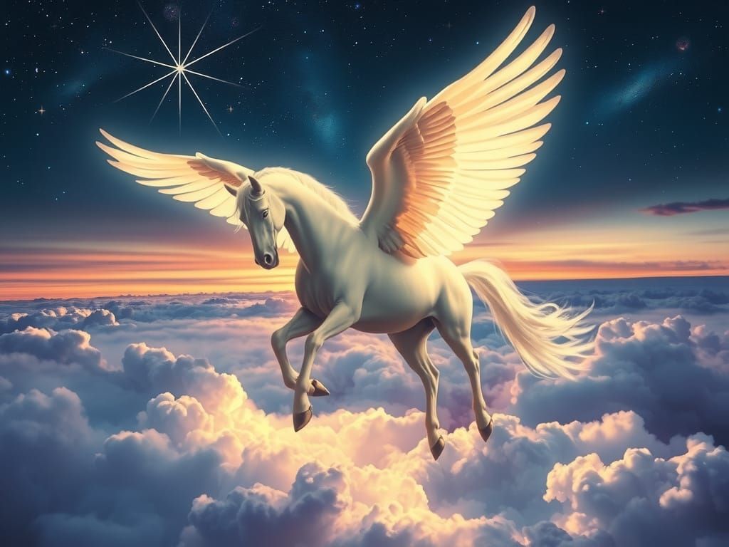 Majestic Pegasus Soars Through Starry Twilight Sky