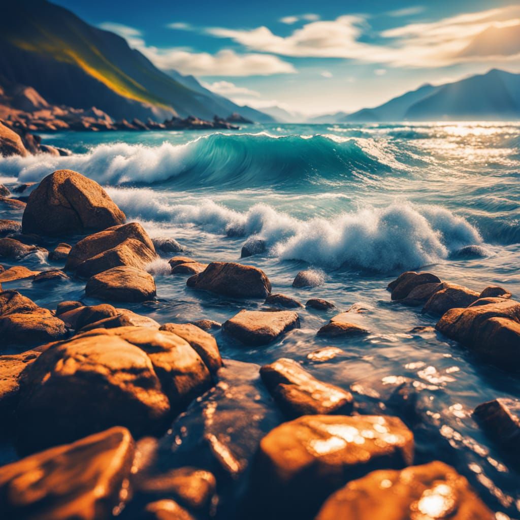 Vibrant Seascape at the Foot of Mountains