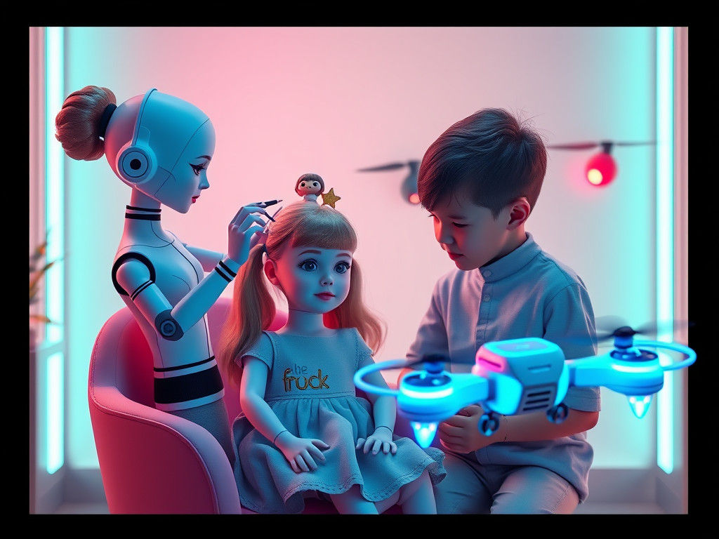 Futuristic Dolls and Neon Drones in Photorealistic Style
