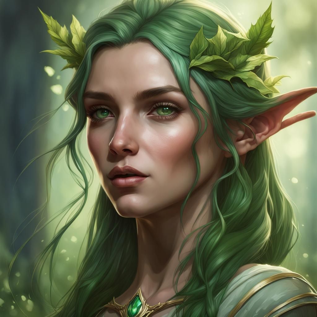Green Fae Sorcerer Portrait in Hyperdetailed Style