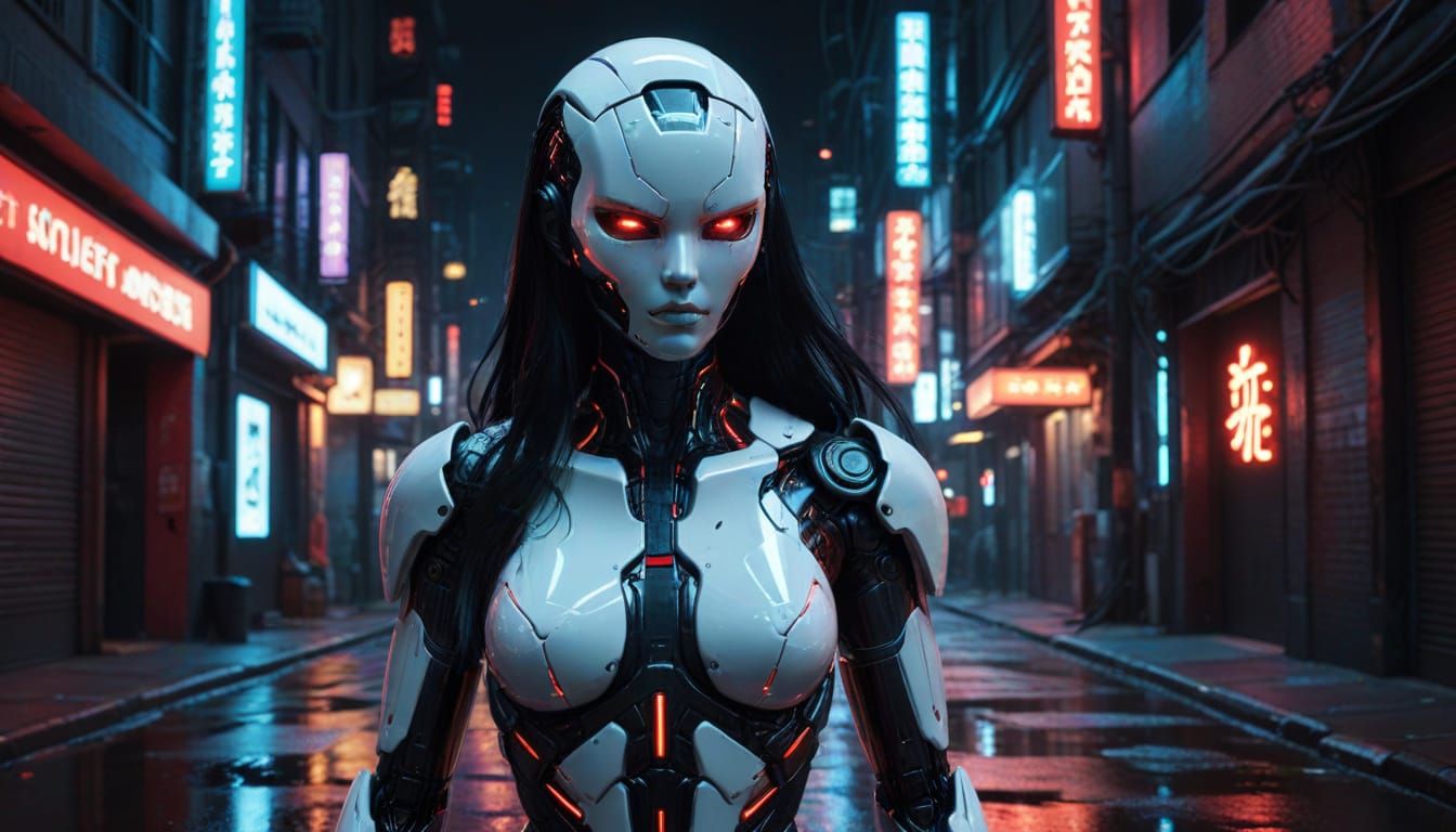 Cyberpunk Gynoid with Neon Glow on City Street