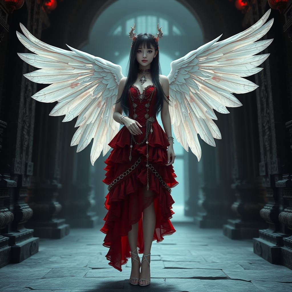 Gothic Angel in Khmer Castle: 3D Anime Art
