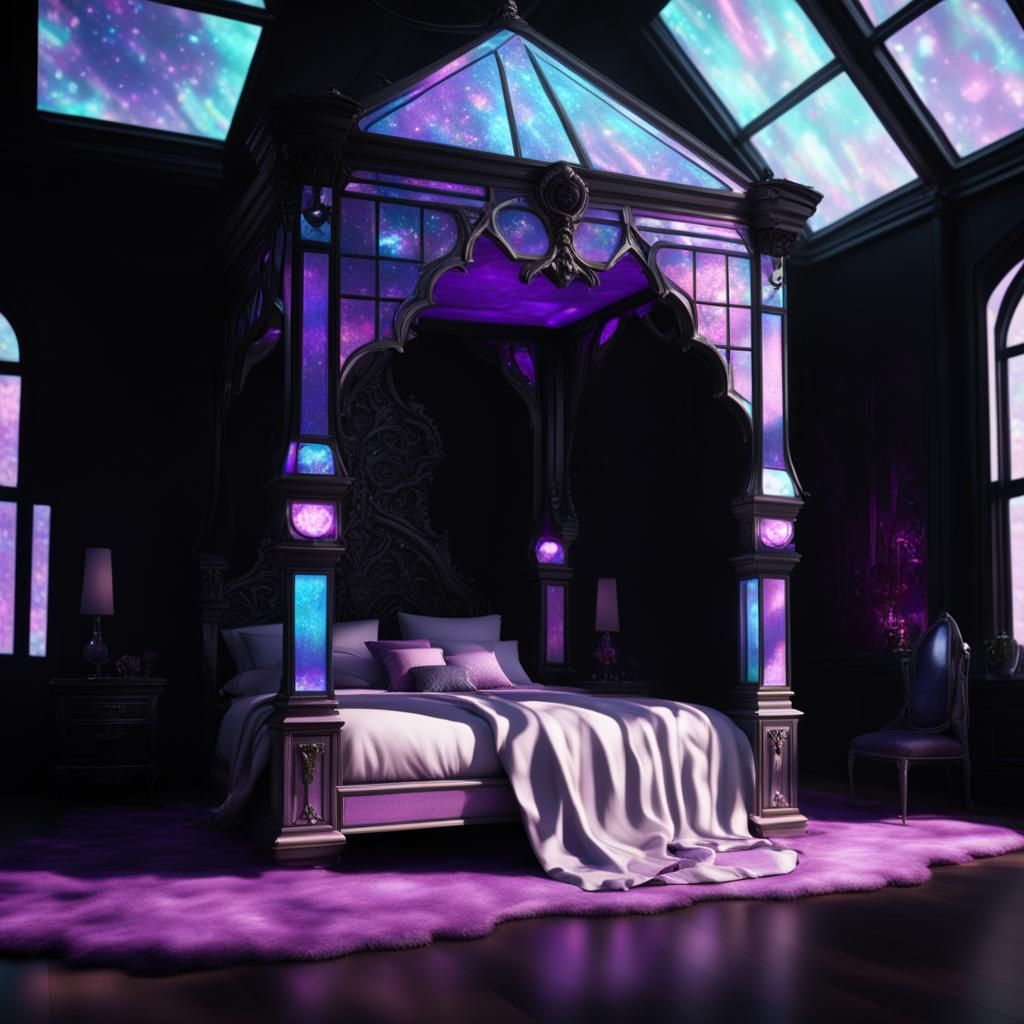 Epic holographic purple gothic bedroom with holographic purp...