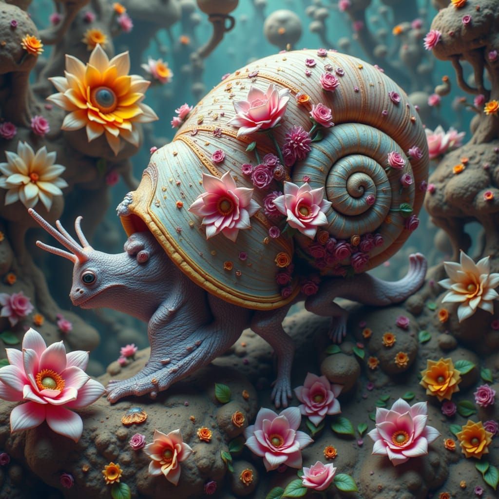 Fragile Snail with Damaged Shell in Digital Art Style