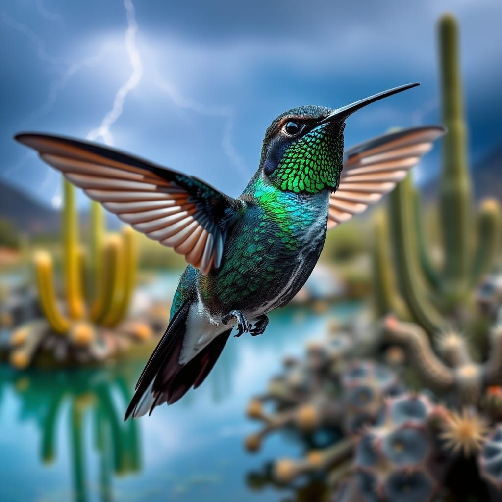 Iridescent Hummingbird Over Arizona Lake, Sharp Focus Photog...