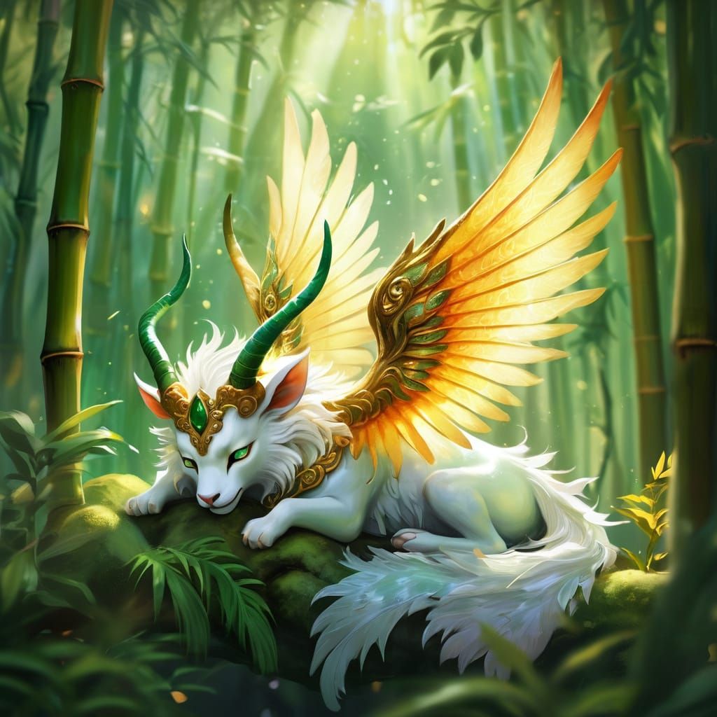 Regal Pixiu Napping in Emerald Bamboo Forest