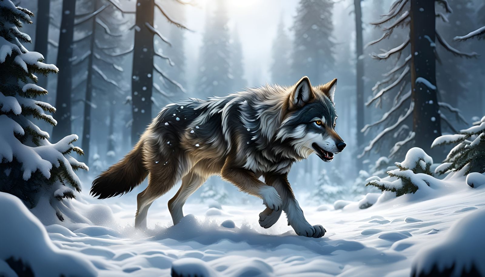 Wolf cub playing in snow