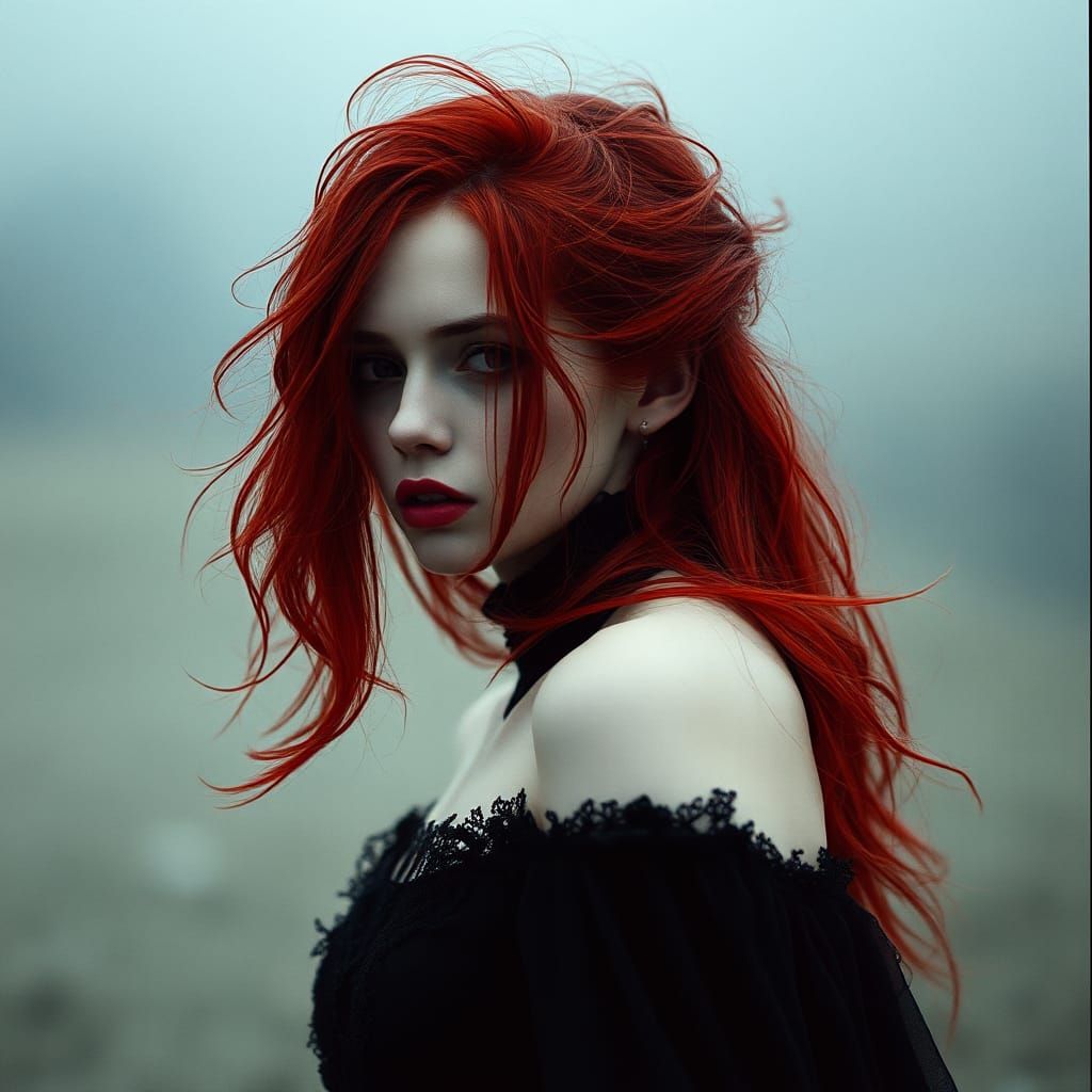 Ethereal Vampire Lady in Dramatic Red Landscape