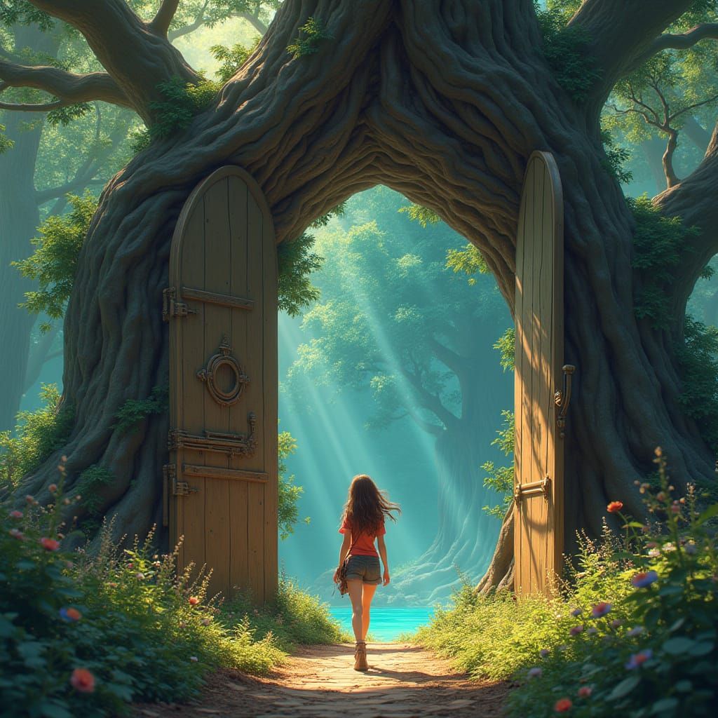 Woman Enters Fantasy Portal in Cinematic Digital Painting