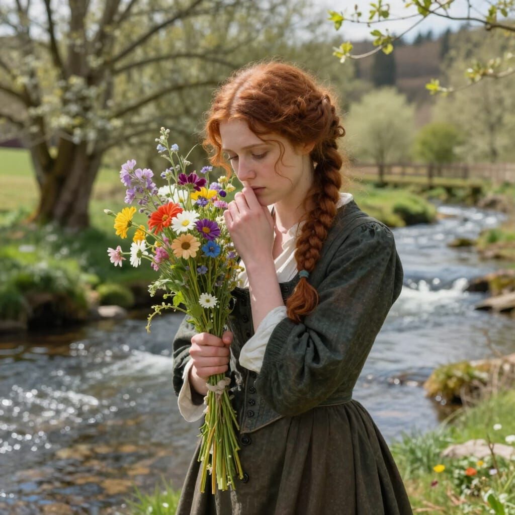 Scottish Woman in Highland Attire by Stream